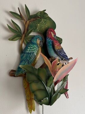 Tropical Metal Two Parrots Wall Night Light 3D Foliage 16 inches